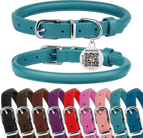 Miniatura 8 de BRONZEDOG Collar de perro de cuero enrollado para perros pequeños, medianos y grandes con etiqueta de identificación QR (ciruela, XS: 9-11 pulgadas)