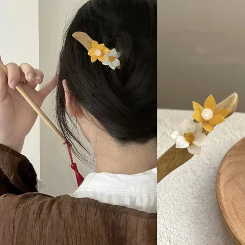 Miniatura 2 de 1 horquilla de flores Rabithenn Kapok de 5.9 pulgadas, horquilla para el pelo de perla, palillos chinos para el cabello de madera, decoración