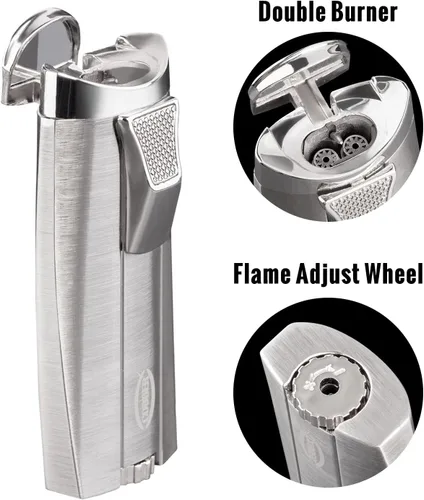 Miniatura 3 de Cobber Antorcha recargable y resistente al viento doble llama de chorro de butano encendedor para hombres ideas de regalo (plata)