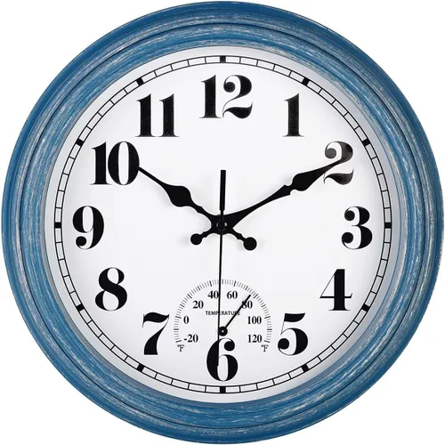 JENLYSTIME Reloj de pared retro impermeable de 12 pulgadas para interior/exterior con termómetro, silencioso, redondo, de cuarzo, funciona con 40