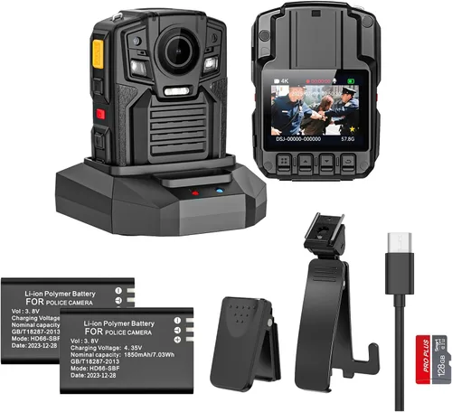 Cámara corporal con GPS, cámara corporal 4K/2160P, 2 baterías 1950MAH, visión nocturna y H.265, cámara de cuerpo de policía de 128G para aplicación