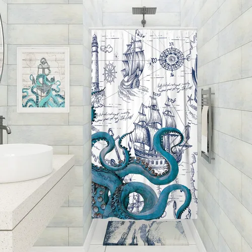 Miniatura 2 de Juego de cortina de ducha pequeña de pulpo náutico azul, divertidas cortinas de ducha estilo kraken de océano para baño, decoración de mapa pirata