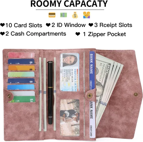 Miniatura 3 de GOIACII Cartera de mujer con bloqueo RFID para tarjetas de crédito, monedero con cremallera y bolsillo para monedas, flor en relieve, color rosa