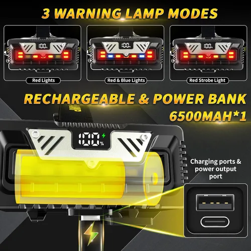 Miniatura 2 de Linterna frontal recargable, 3500 lm súper brillante con pantalla digital y 9 modos de iluminación, incluye luz roja para visión nocturna, funciona