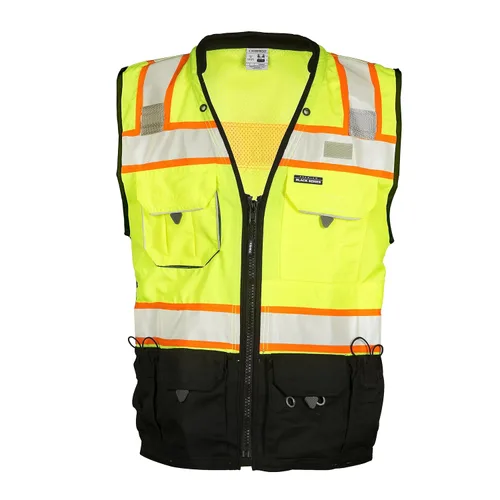 Kishigo Chaleco de Agrimensores Serie Premium Black para Hombres S5002, Chaleco de Seguridad de Alta Visibilidad Clase 2, 10 Bolsillos con Cierre de
