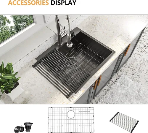Miniatura 2 de Fregadero de cocina de 25 pulgadas, fregadero de un solo cuenco, color negro mate, calibre 18, 25 x 22 pulgadas, acero inoxidable, montaje superior