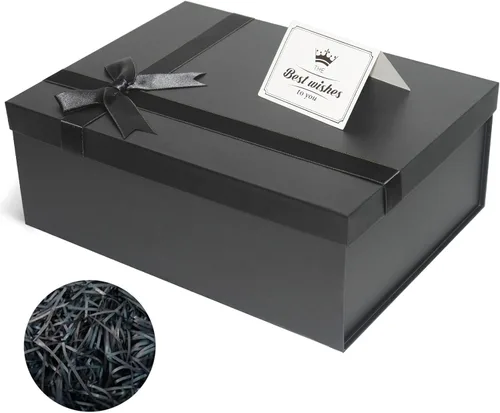 Eerbaier Caja de regalo grande con tapa de 13 x 9.9 x 5 pulgadas, caja de regalo negra con fila de cinta, tarjeta y relleno de papel triturado, caja