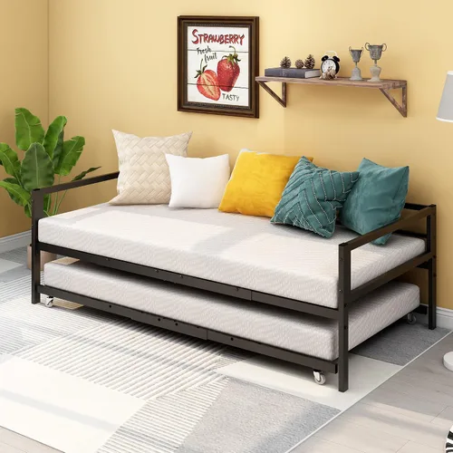 Miniatura 3 de HOMERECOMMEND Sofá cama de metal de tamaño individual con nido y listones de metal resistente, soporte para sofá cama, plataforma doble, base