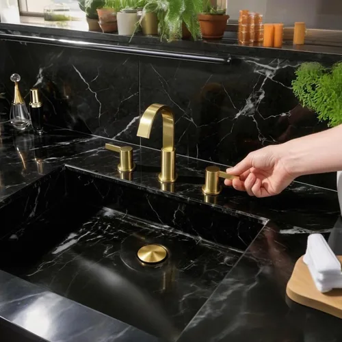 Miniatura 9 de TRUSTMI Grifo de baño dorado cepillado de 8 pulgadas, 3 agujeros, 2 manijas, latón con boquilla giratoria de 360 grados, drenaje de desbordamiento