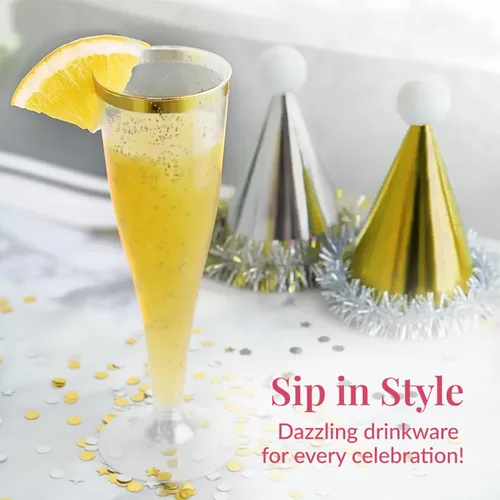 Miniatura 2 de Prestee 48 Copas de Champán de Plástico Desechables con Borde Dorado con Purpurina - Vasos Transparentes para Brindis de Mimosa, Fiesta de Año Nuevo