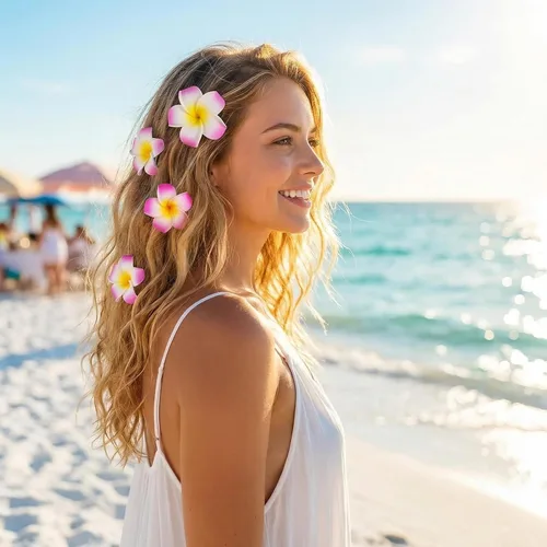 Miniatura 7 de 12 pinzas para el cabello de 2.36 pulgadas estilo hawaiano hawaiano hawaiano bohemio con flores de espuma de plumeria, decoración para el cabello