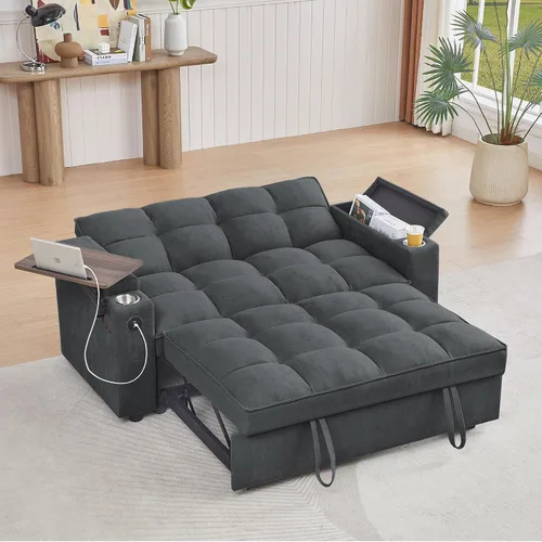 Miniatura 26 de hansones Sofá cama extraíble multifuncional de 66 pulgadas con mesa auxiliar oculta, reposabrazos de almacenamiento, puerto de carga integrado