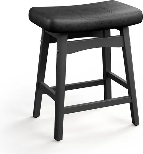 Miniatura 28 de MAISON ARTS Juego de 4 taburetes de bar grises para encimera de cocina, patas de madera maciza con asiento de silla de montar de piel sintética