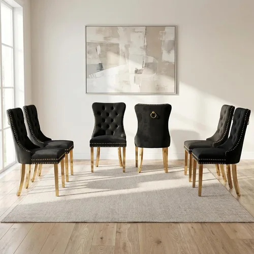 Miniatura 93 de OVENTA Juego de 4 sillas de comedor modernas tapizadas copetudas, terciopelo negro y gris y cuero con patas de madera maciza, sillas de cocina
