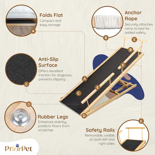Miniatura 4 de Rampa para perros para cama - Rampa ajustable de madera de abedul PRIORPET para que los perros se suban a la cama: rampas para perros para camas