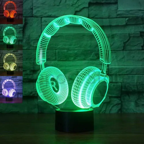 3D DJ auriculares auriculares noche luz led lámpara ilusión 7 cambio de color táctil interruptor mesa decoración lámparas regalo cumpleaños cable
