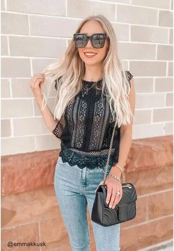 Miniatura 5 de CHICWISH Top corto sin mangas con cuello redondo y encaje completo Diva para mujer