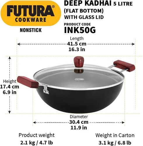 Miniatura 4 de Hawkins Futura Kadhai de 5 litros de profundidad, Kadai antiadherente con tapa de cristal, fondo plano de inducción, Kadhai, color negro (INK50G)