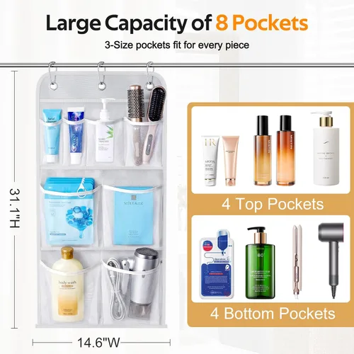 Miniatura 2 de MISSLO Bolsillos de malla para colgar con capacidad para 340oz/1000ml, organizador de ducha de champú con ganchos para colgar sobre la puerta