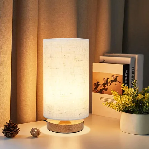 Lámpara de mesa pequeña de mesita de noche para dormitorio, base de madera minimalista y pantalla redonda de tela, lámpara de mesita de noche boho