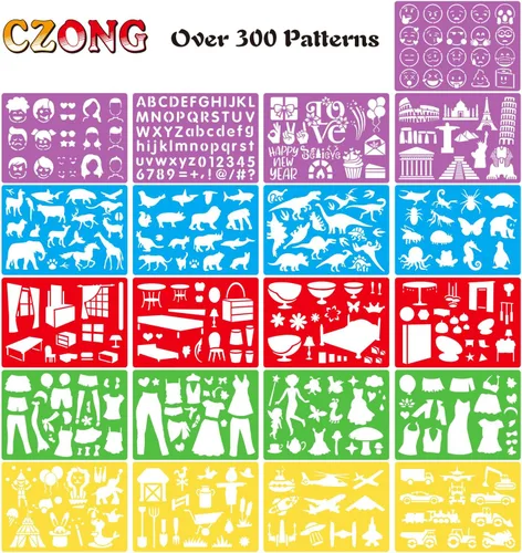 Juego de 21 plantillas de dibujo para niños de más de 300 patrones diferentes para dibujar historias infantiles imaginativas, plantillas lavables