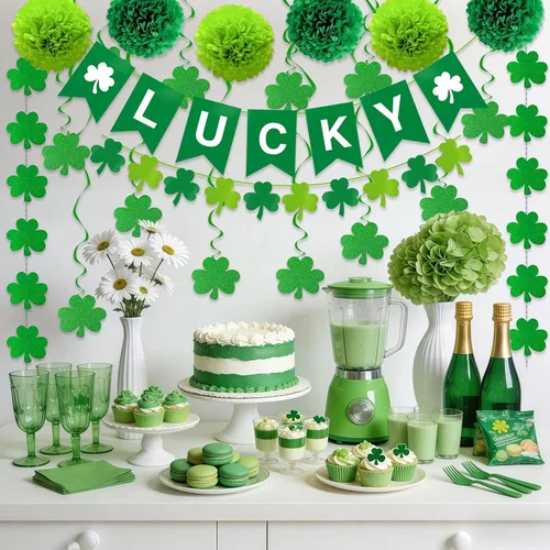 Miniatura 5 de 22 decoraciones de fiesta de despedida, pancarta de la suerte y guirnaldas de trébol, espirales colgantes, pompones para cumpleaños de la suerte