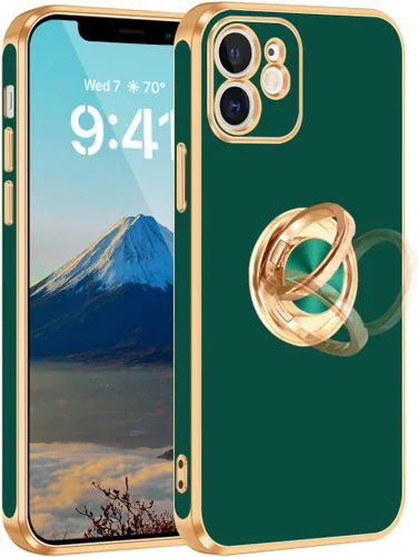 Miniatura 19 de Fingic Funda para iPhone 12 con Soporte de Anillo, [Soporte de Anillo Giratorio de 360° Magnético con Base] [Borde Dorado Brillante con Enchapado]