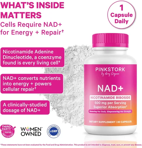 Miniatura 2 de Pink Stork NAD+ Suplemento para mujeres mayores de 30, 30 cápsulas 500 mg Nicotinamide Riboside NR, Clinically Studied Pure NMN Powder, Brain