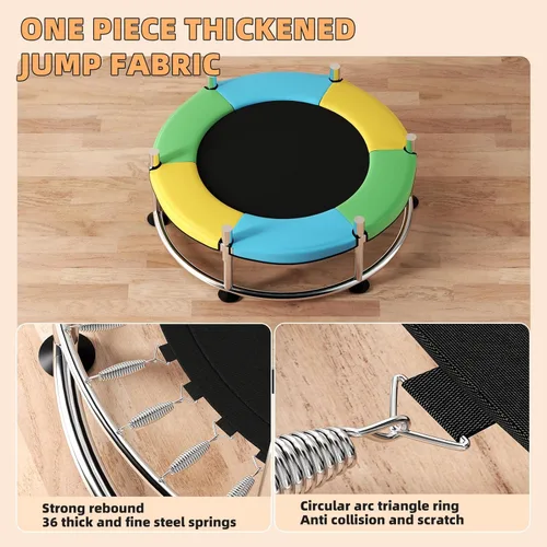 Miniatura 9 de Trampolín de 55 pulgadas para niños, de hasta 440 libras con fondo redondo antivuelco, trampolín para interiores y exteriores con recinto