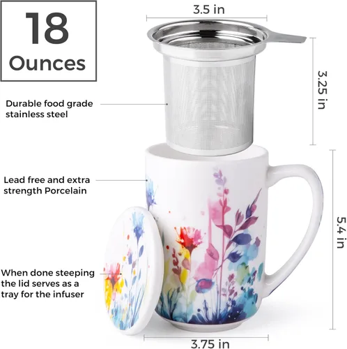 Miniatura 2 de Taza de Té de Porcelana AmorArc con Infusor y Tapas, Taza Grande de 18 Oz con Filtro con Soporte para Bolsa de Té de Hojas Sueltas, Taza para Salvia