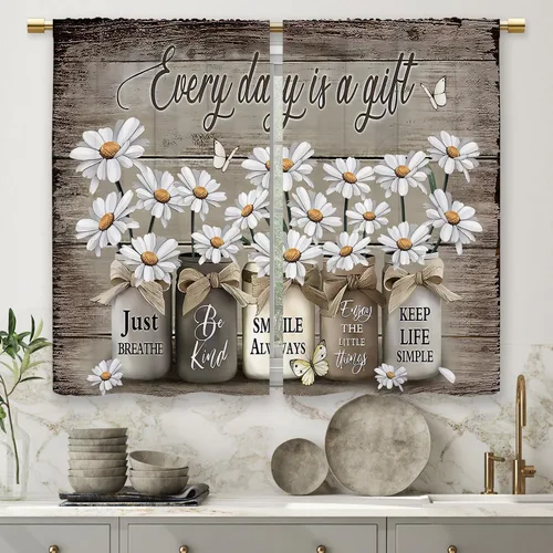 Cortinas de Cocina Florales de Granja Margarita Rústicas Vintage Flor Inspiracionales Pequeñas Cortas Café Cortinas de Ventana Citas Campestres de
