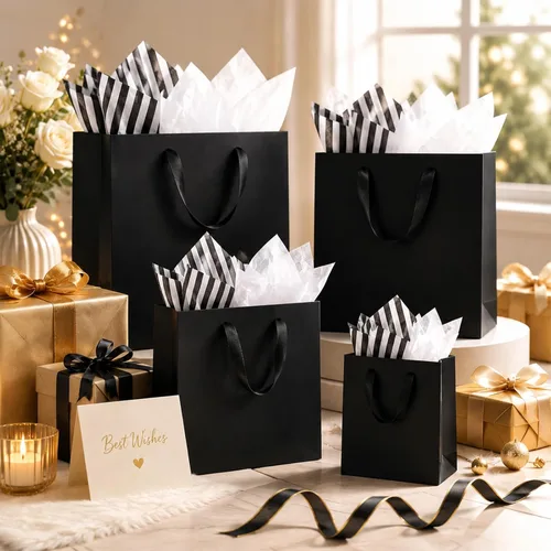 Miniatura 6 de Offizon 12 bolsas de regalo negras, bolsas de regalo con papel de seda