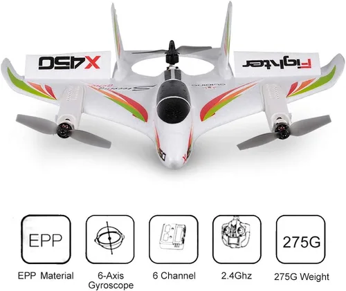Miniatura 3 de GoolRC WLtoys XK X450 - Avión a control remoto, 2.4G 6CH Glider avión de ala fija, 3 modelos de vuelo, helicóptero sin escobillas, aterrizaje