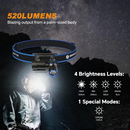 Miniatura 8 de Brinyte HL16 Linterna frontal LED recargable, linterna EDC ajustable de 0-90°, faro de 520 lúmenes con base magnética y carga, luz impermeable IP66