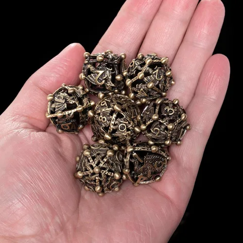Miniatura 5 de Juego de dados DND de metal con caja, 7 dados huecos D&D, juego de dados poliédricos de cobre para Dungeons and Dragons Steampunk Poliédricos