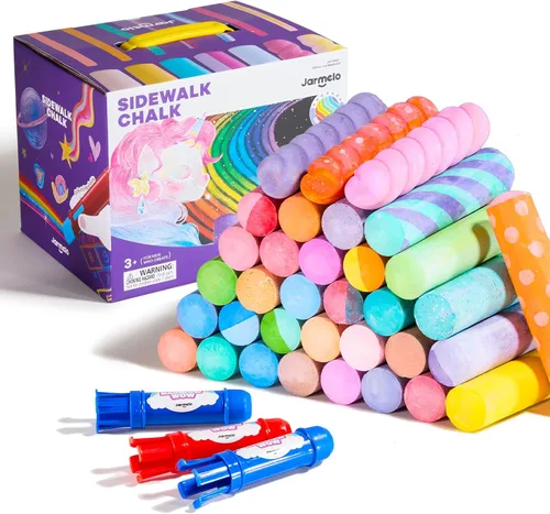 Miniatura 9 de Jar Melo 38 tizas de acera para niños, tiza de color con soporte, tizas lavables y no tóxicas, juego al aire libre y arte de pizarra para niños