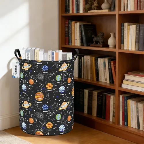 Miniatura 5 de Cesta de lavandería para niños, grande, plegable, redonda, con sistema solar, con temática espacial, organizador de planetas de tela impermeable