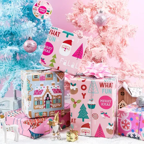 Miniatura 4 de WRAPAHOLIC Hoja de papel de regalo de Navidad, 12 hojas de diseño de árbol de Navidad rosa y casa, plegada plana con 12 etiquetas de regalo