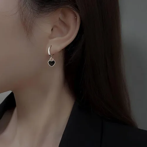 Miniatura 3 de SLUYNZ Aretes de aro de plata de ley con corazón negro para mujeres, adolescentes y niñas, aretes de aro con forma de corazón