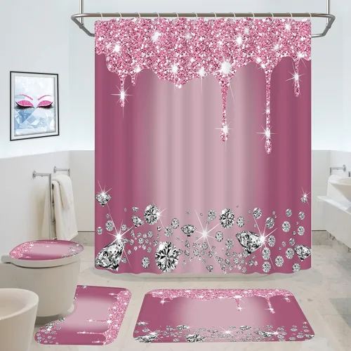 Miniatura 10 de 4 piezas de juego de cortina de ducha con destellos de diamantes, decoración de baño negra y plateada con goteo brillante con tapete y funda