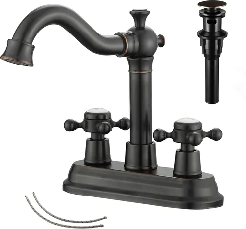 Miniatura 11 de Grifo de baño negro mate con 2 asas de 4 pulgadas, juego central de tocador de baño negro con montaje de drenaje y manguera de suministro grifo
