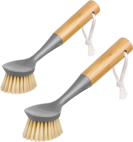 MR.SIGA Cepillo para platos con mango de bambú, raspador incorporado, cepillo para fregar sartenes, ollas, limpieza del fregadero de cocina, paquete