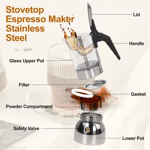 Miniatura 3 de Cafetera de 4 tazas de vidrio transparente, olla de moka de acero inoxidable 304 espesado para estufa, máquina de café italiana, cafetera Greca