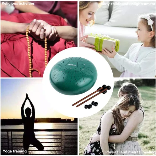 Miniatura 6 de Tambor de lengua de acero, tambor de tanque de mano, 11 notas, instrumento de percusión de meditación de 10 pulgadas con mazos, púas de dedos, Verde