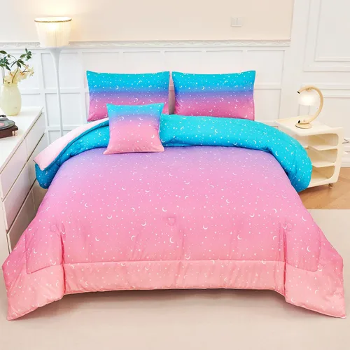 Miniatura 12 de URBONUR Juego de 6 piezas de edredón con brillo degradado para niñas, tamaño completo, ropa de cama de galaxia azul para niños, juego de edredón