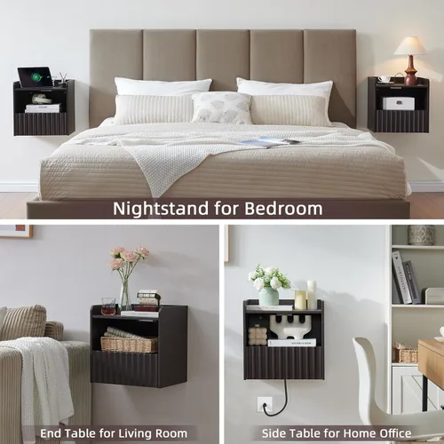 Miniatura 6 de BuildHom Moderna mesita de noche flotante acanalada montada en la pared, juego de 2 mesitas de noche con cajón de almacenamiento y estante