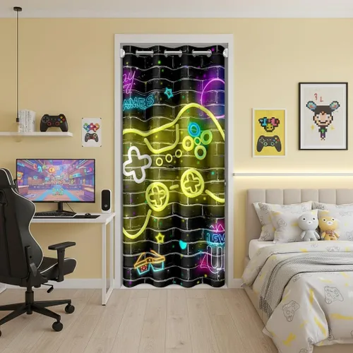 Miniatura 34 de Castle Fairy Cortina de puerta con estampado de consola de videojuegos de dibujos animados para privacidad de puerta, cortina geométrica de panal