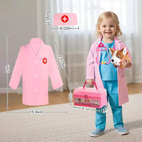 Miniatura 6 de Kit de médico para niños pequeños de 3 a 5 años, disfraz para niñas de 2 años, veterinario, juego de médico con estetoscopio, disfraz rosa, juguete