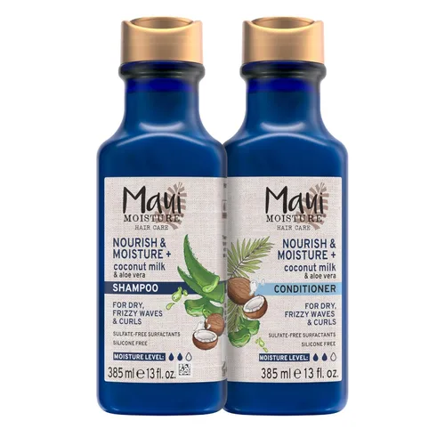 Maui Moisture Nourish & Moisture + Champú de leche de coco + acondicionador para hidratar y desenredar el cabello rizado, champú hidratante diario