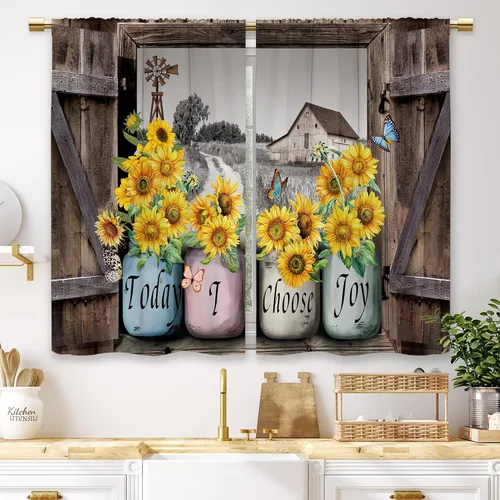 Miniatura 30 de Cortinas de Cocina de Girasol Estilo Granja, Cortinas de Ventana Cortas Pequeñas de Café con Flores Rústicas Florales del Campo, Cortinas de Ventana